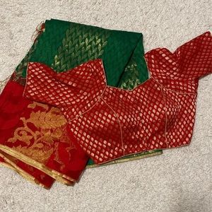 Beautiful gree and red saree with matching blouse